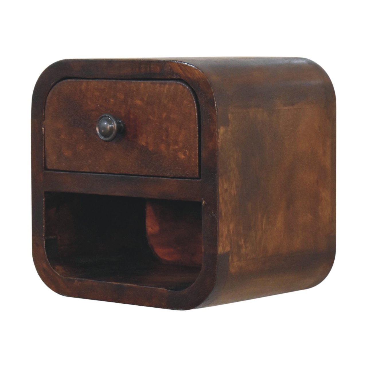 Extra Mini Curved Chestnut Bedside Table made from solid mango wood with one drawer and open lower shelf. Lateral view
