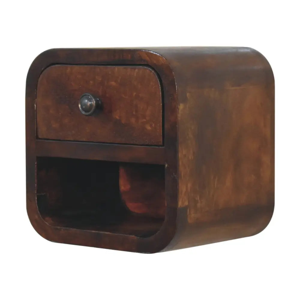 Extra Mini Curved Chestnut Bedside Table made from solid mango wood with one drawer and open lower shelf. Lateral view