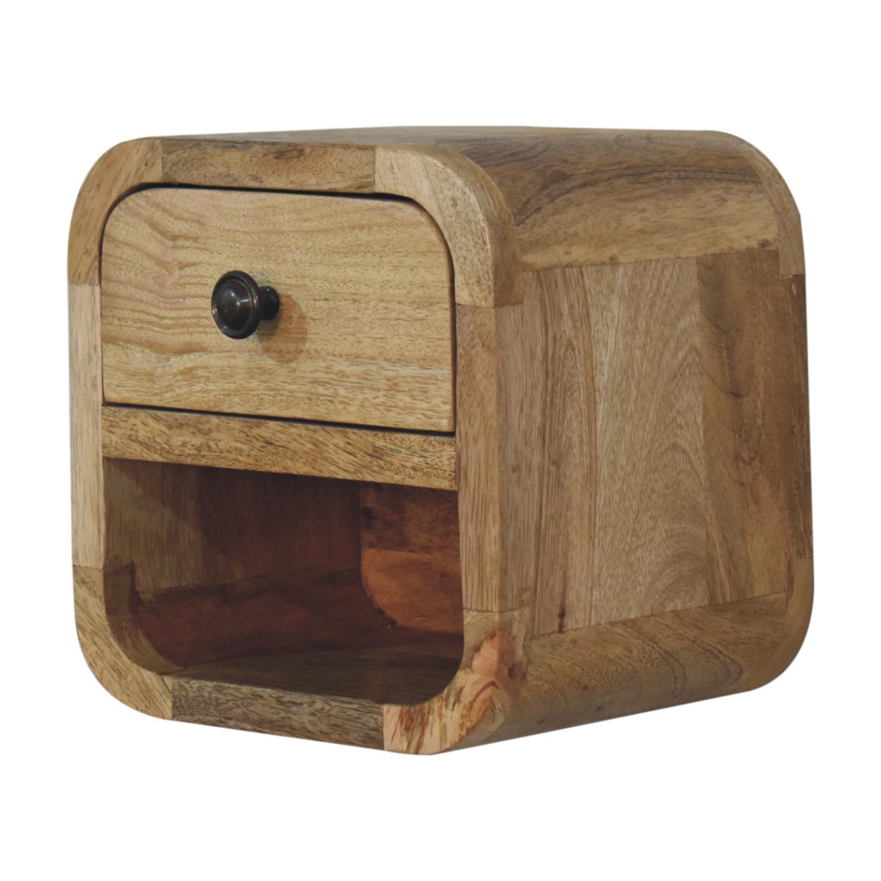 Extra Mini Wall Mounted Curved Oak ish Bedside with open slot.  side view
