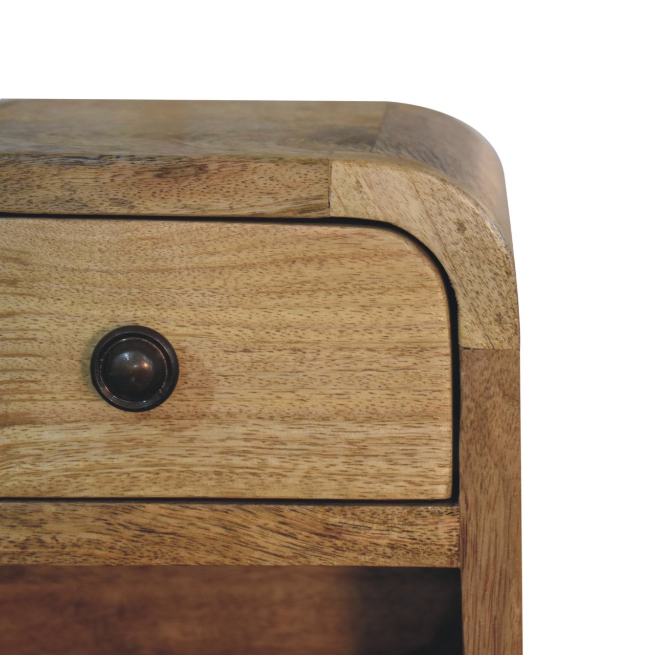 Curved edge detail on oak ish bedside with open slot