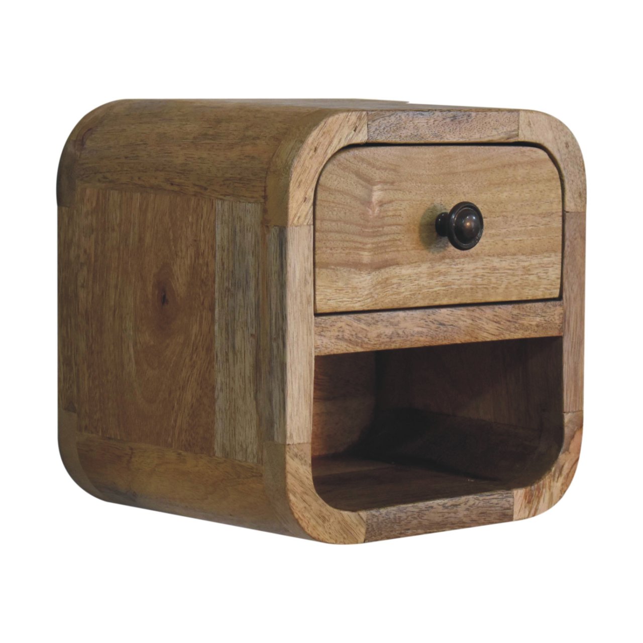 Extra Mini Wall Mounted Curved Oak ish Bedside with open slot.  side view