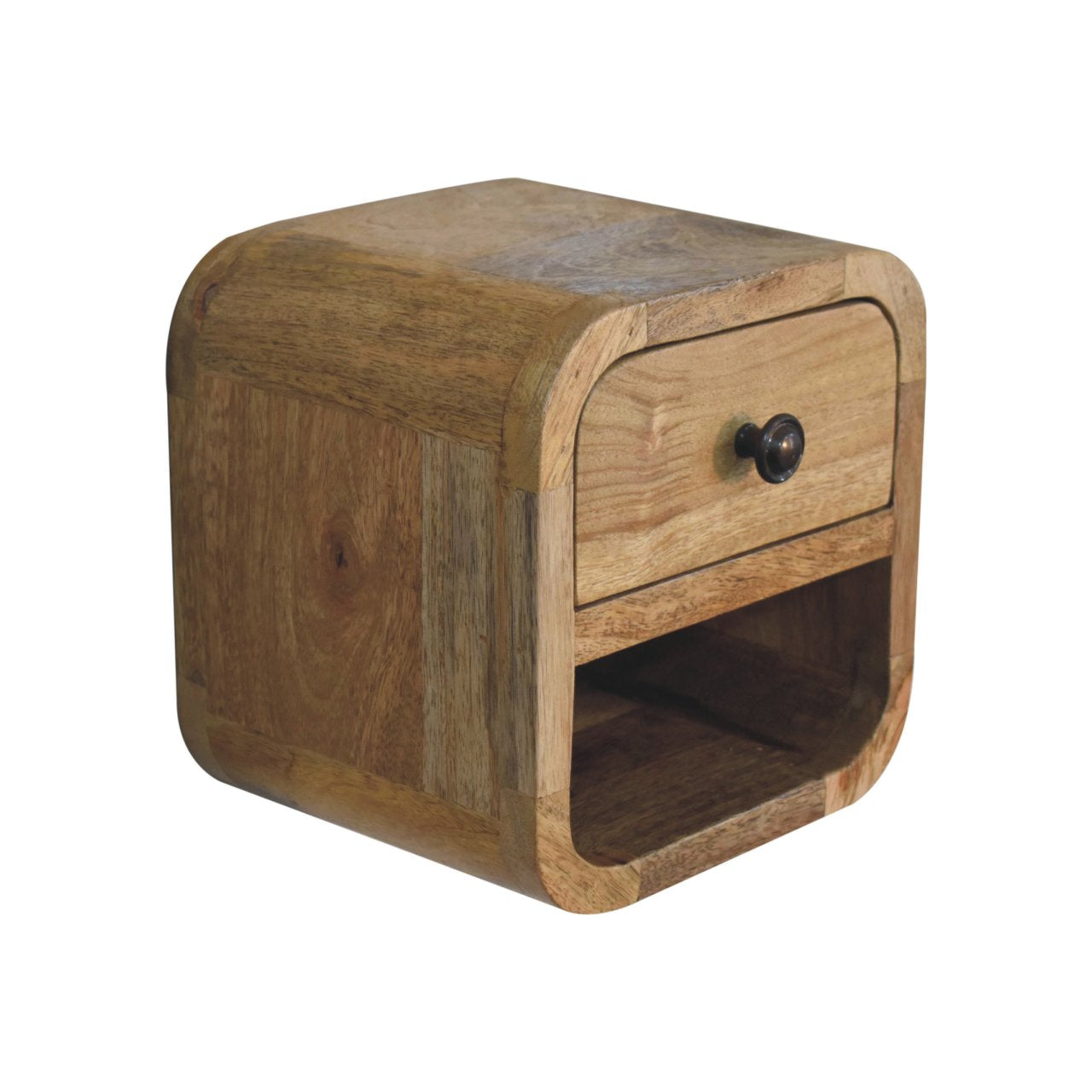 Curved edge detail on oak ish bedside with open slot
