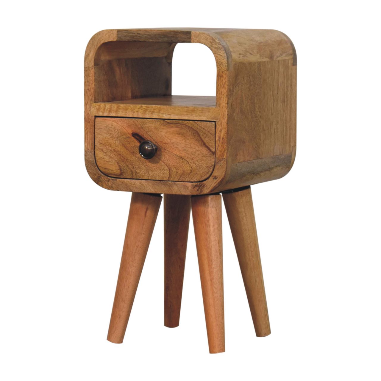 Extra Mini Oak-ish Bedside Table made from solid mango wood with one drawer, open slot, and Nordic-style legs. Left lateral view
