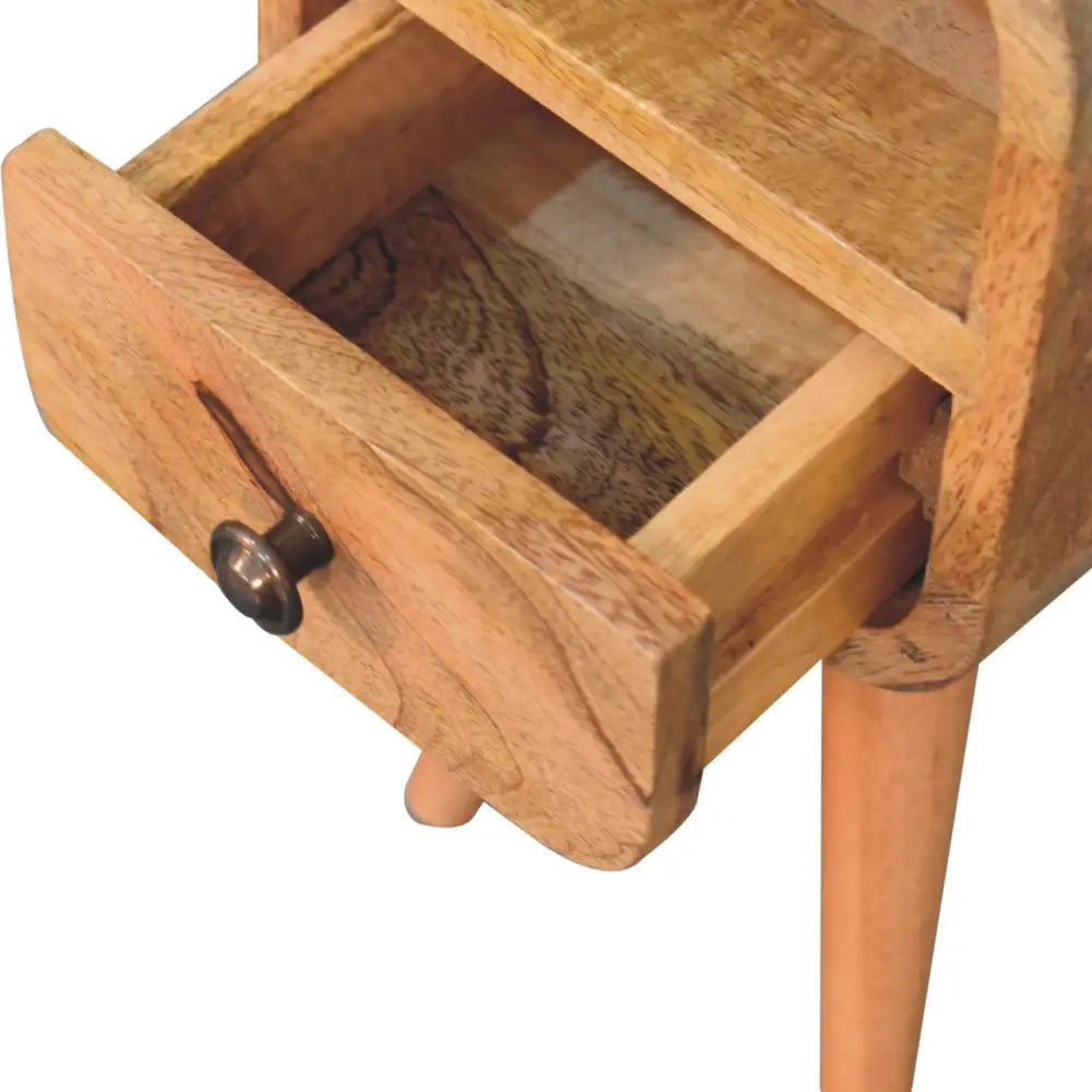 Extra Mini Oak-ish Bedside Table made from solid mango wood with one drawer, open slot, and Nordic-style legs. Opened drawer view