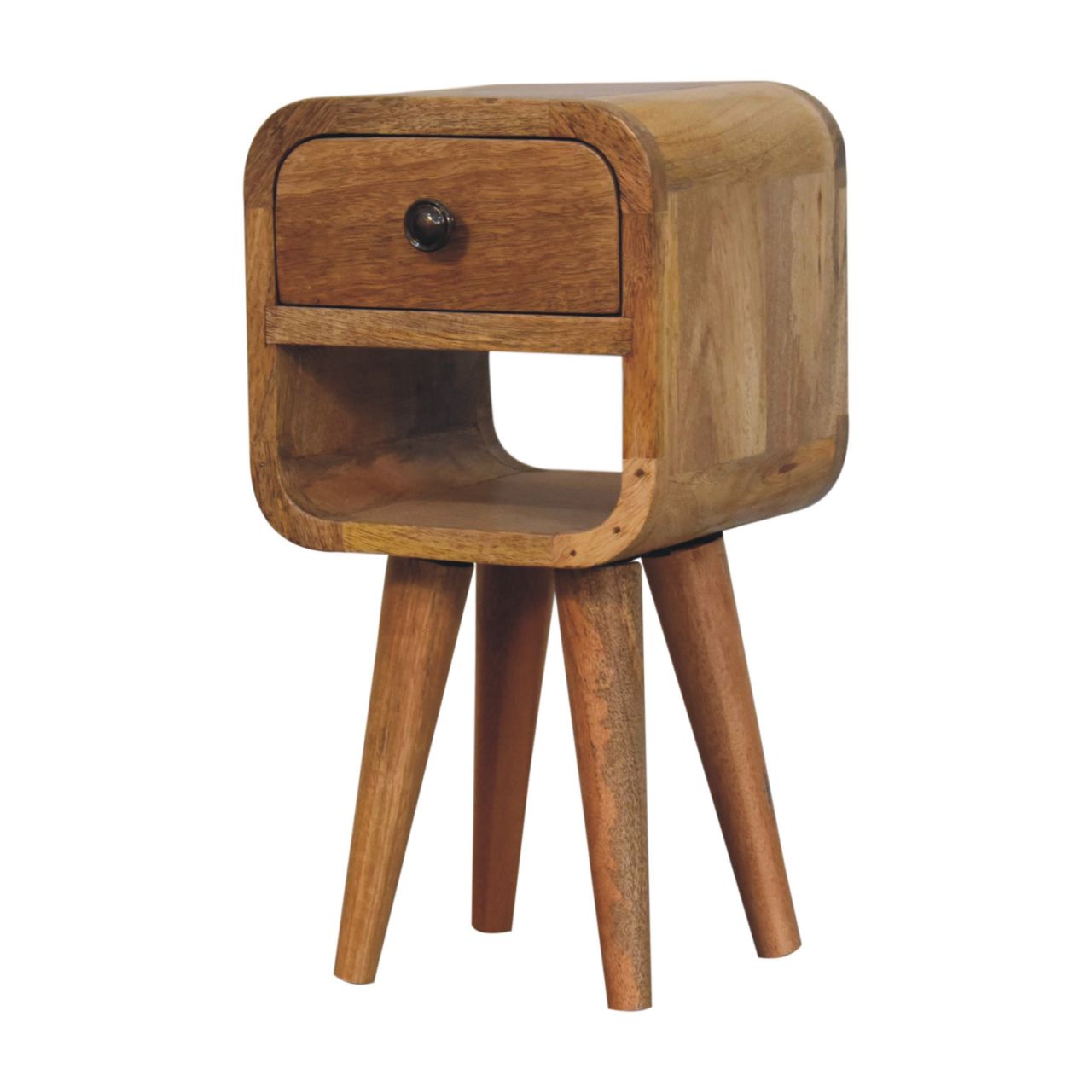 Extra Mini Oak-ish Curve Lower Bedside. Modern small bedside table. Lateral view