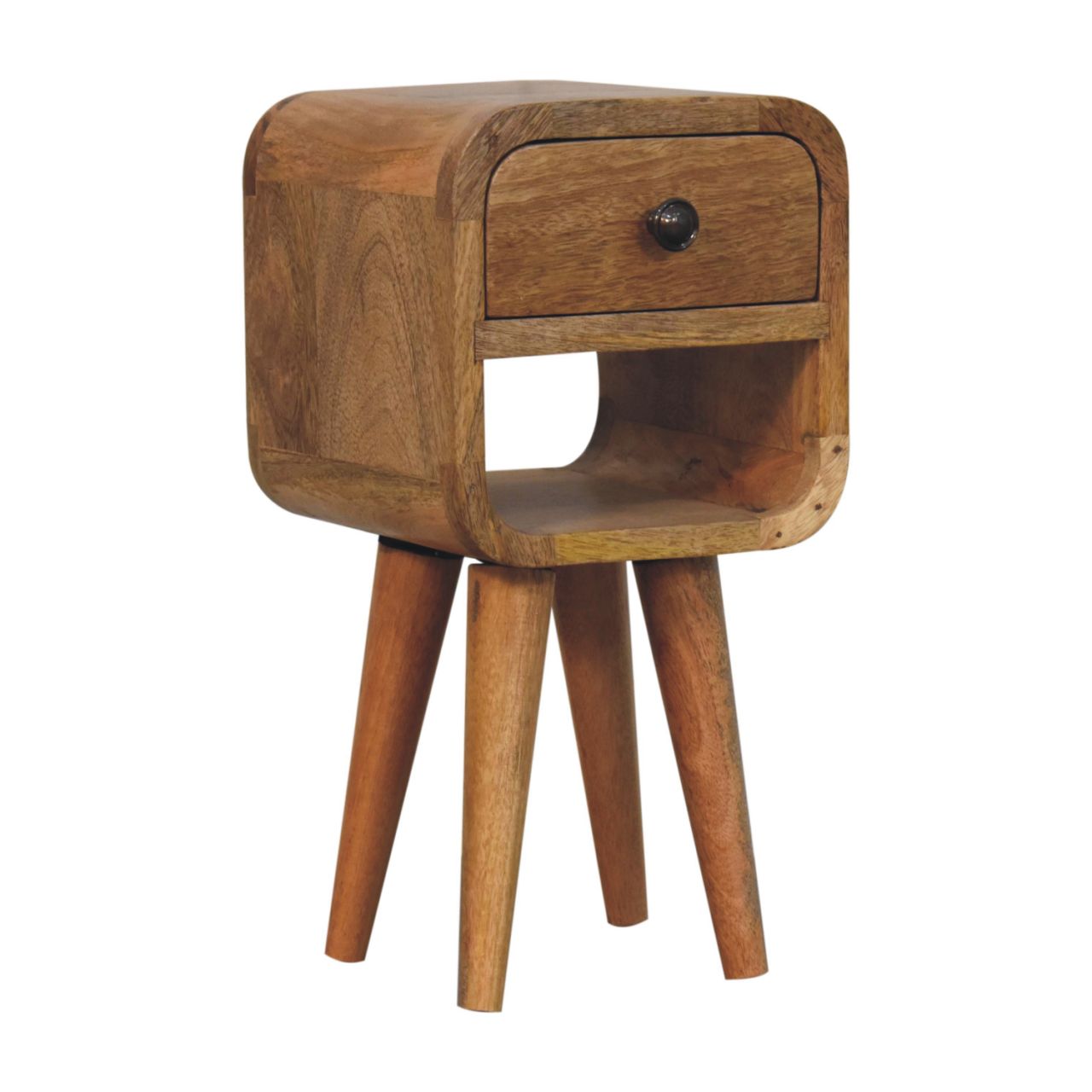 Extra Mini Oak-ish Curve Lower Bedside. Modern small bedside table. Lateral view