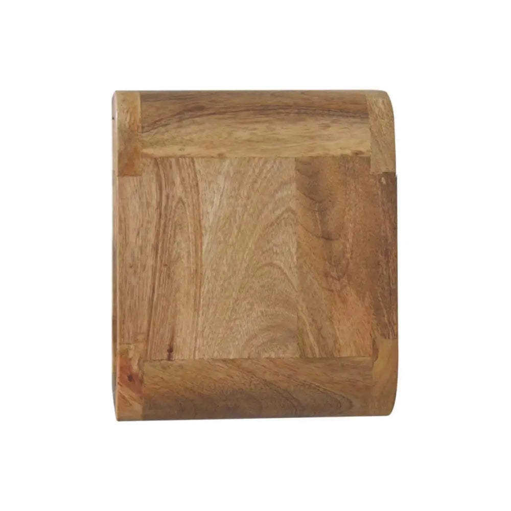 Extra Mini Wall Mounted Curved Oak-ish Bedside Table with one drawer and open lower shelf, solid mango wood. Side view