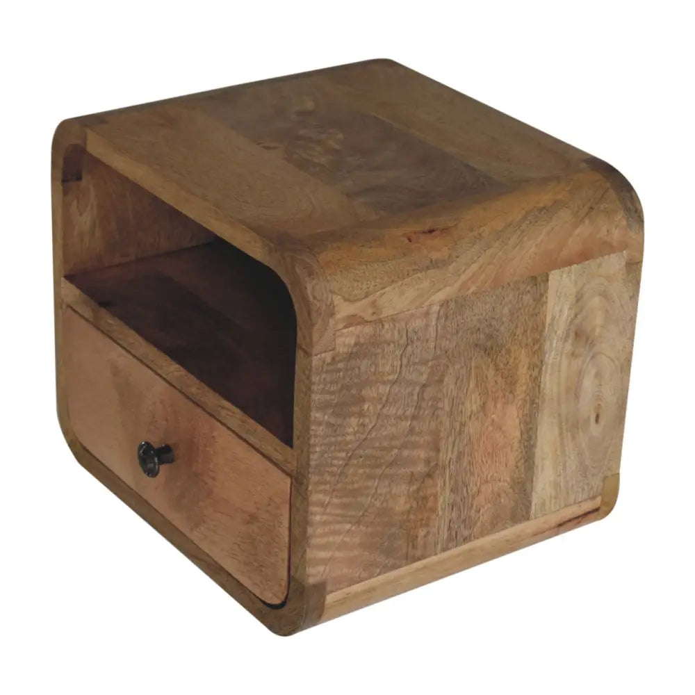 Extra Mini Wall Mounted Curved Oak-ish Bedside Table with one drawer and open lower shelf, solid mango wood. Side view