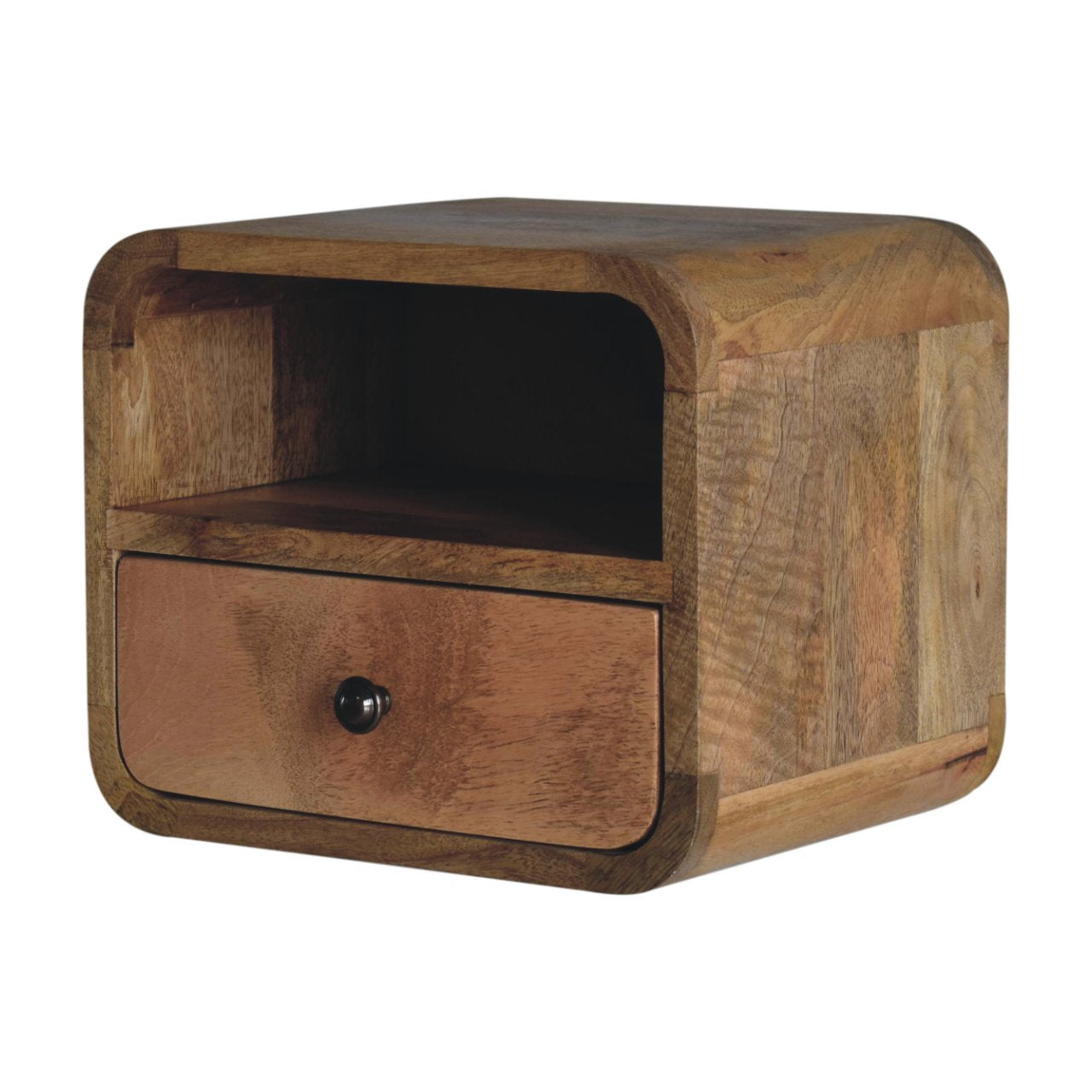 Extra Mini Wall Mounted Curved Oak-ish Bedside Table with one drawer and open lower shelf, solid mango wood. Left lateral view