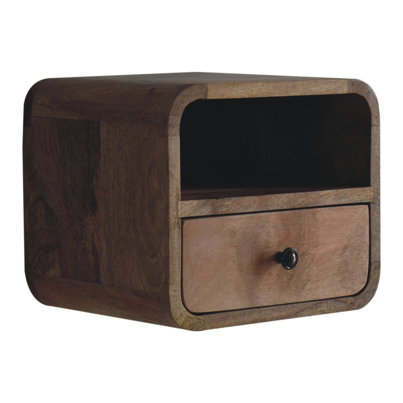 Extra Mini Wall Mounted Curved Oak-ish Bedside Table with one drawer and open lower shelf, solid mango wood. Right corner view