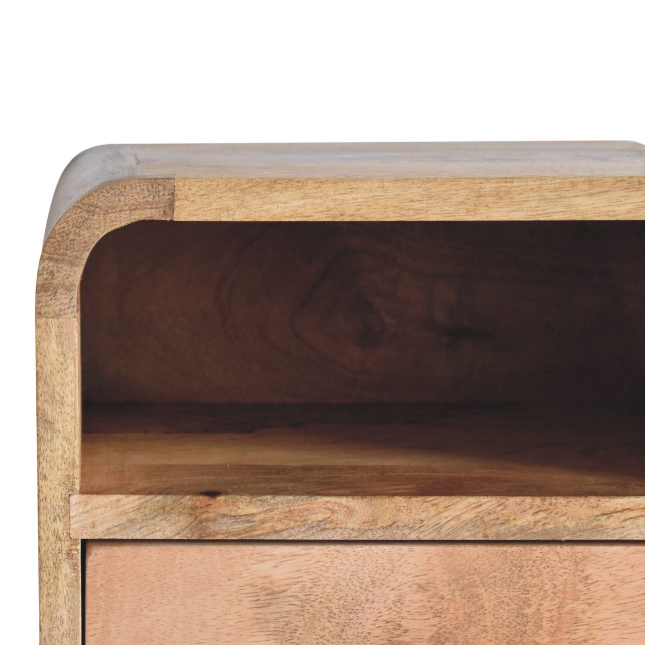 Extra Mini Wall Mounted Curved Oak-ish Bedside Table with one drawer and open lower shelf, solid mango wood. Open slot view