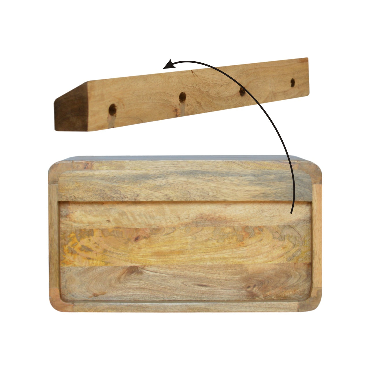 Floating Curve Open Slot Nightstand with one drawer and open shelf, made from solid mango wood. Bottom view ad the wall mount wood