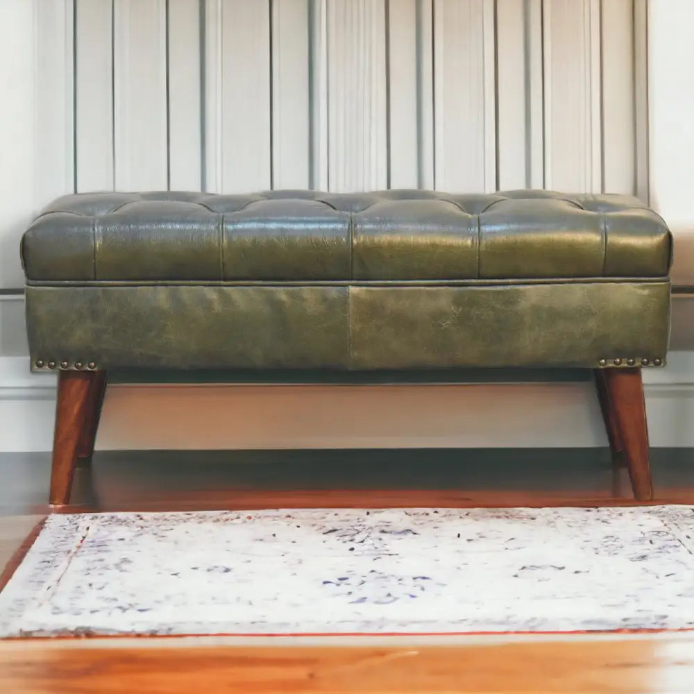 Harbour Bench with solid mango wood legs and olive buffalo leather seat with deep button design