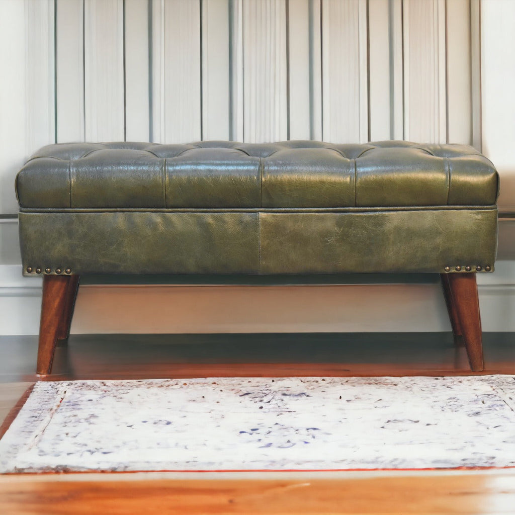 Harbour Bench with solid mango wood legs and olive buffalo leather seat with deep button design