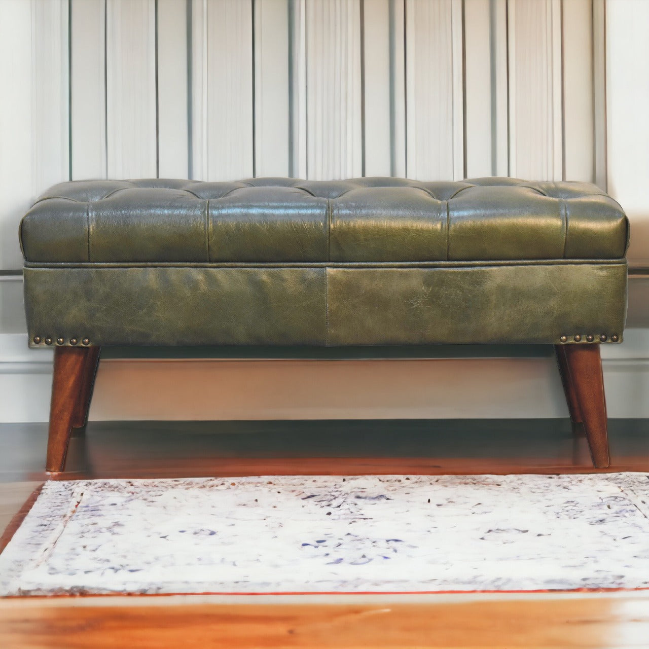 Harbour Bench with solid mango wood legs and olive buffalo leather seat with deep button design