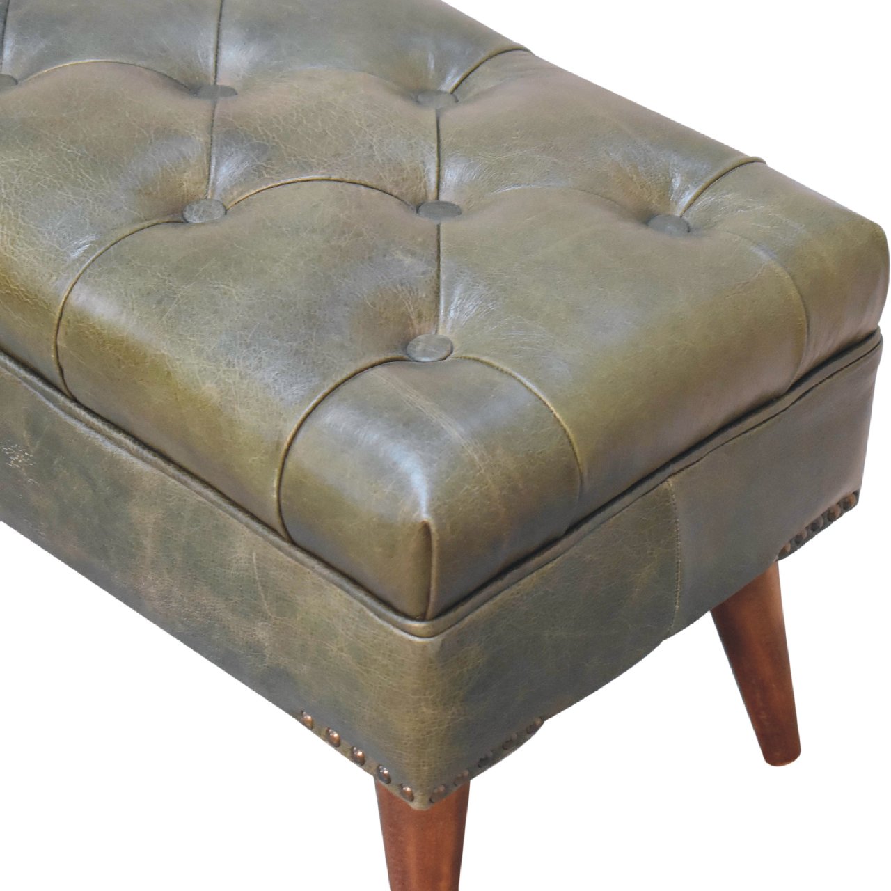 Harbour Bench with solid mango wood legs and olive buffalo leather seat with deep button design. Deep button view