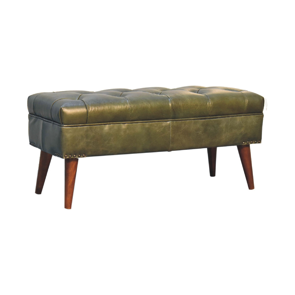 Harbour Bench with solid mango wood legs and olive buffalo leather seat with deep button design