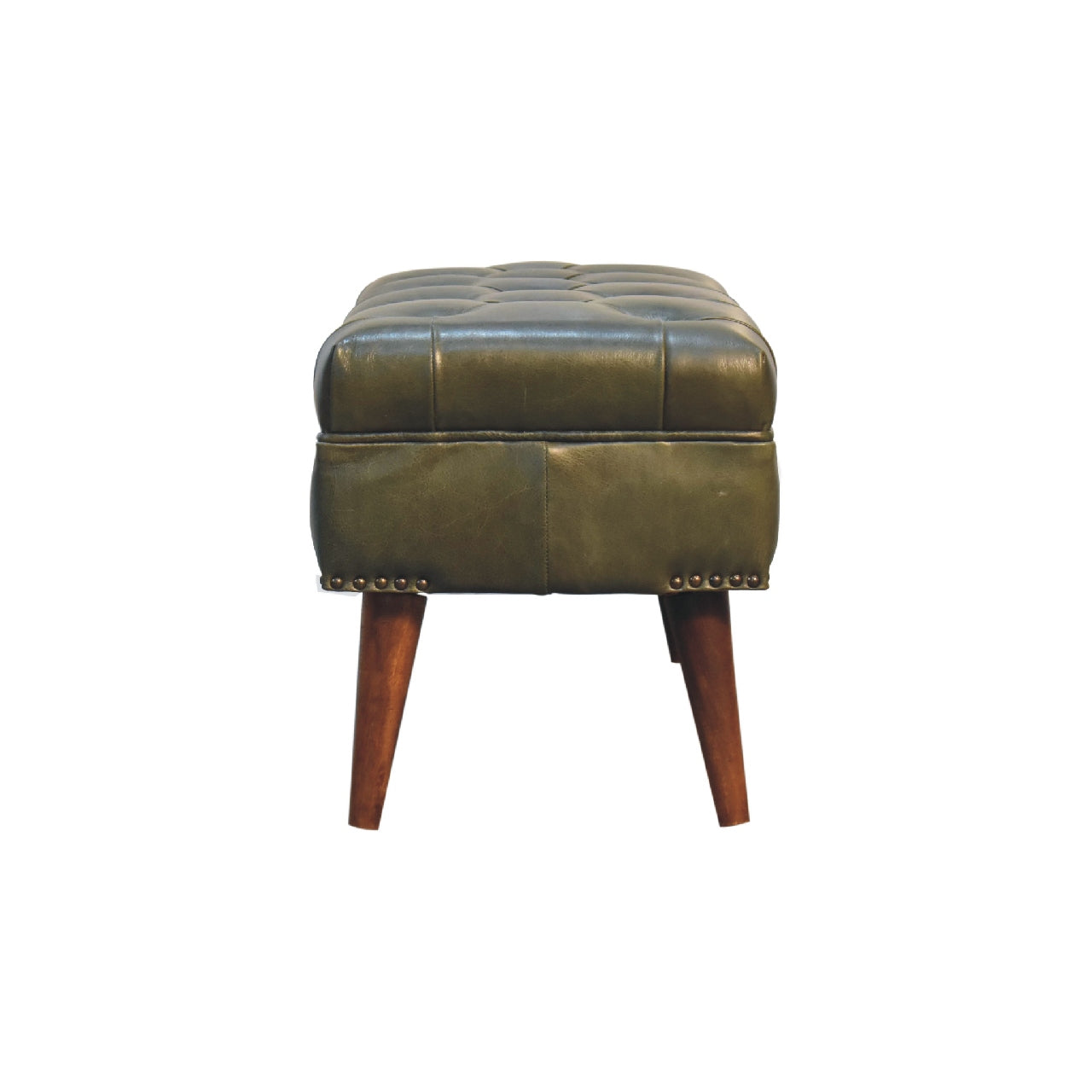 Harbour Bench with solid mango wood legs and olive buffalo leather seat with deep button design. side view