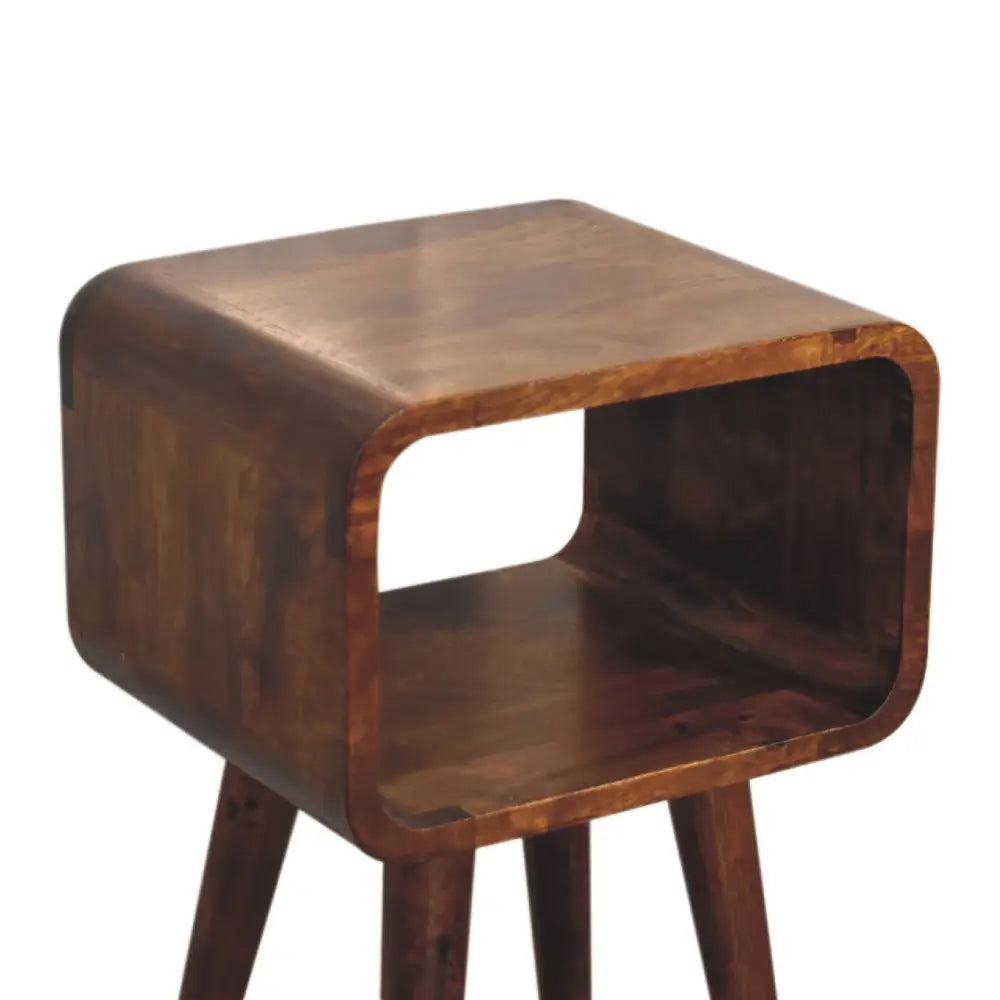 Mini Chestnut Open Nightstand made from solid mango wood with four tapered legs and one open storage compartment. Top view