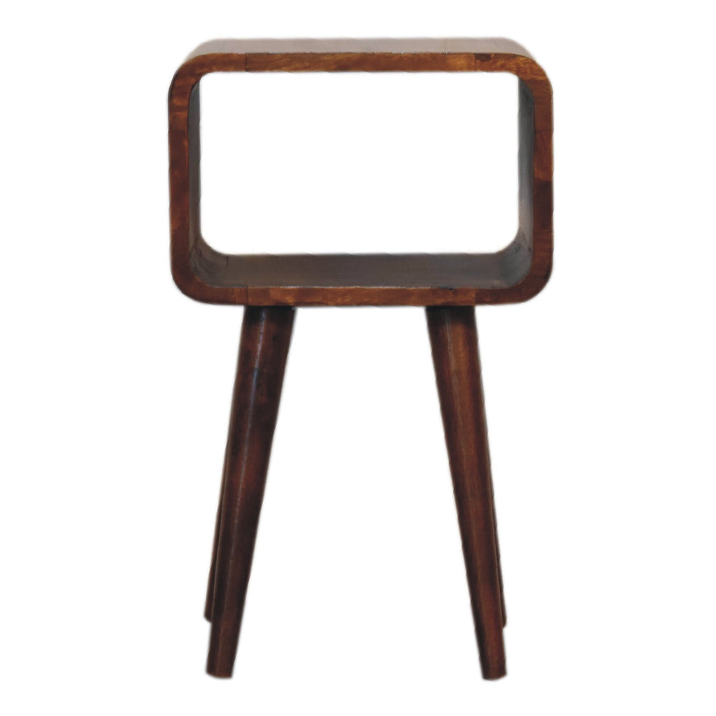 Mini Chestnut Open Nightstand made from solid mango wood with four tapered legs and one open storage compartment.