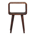 Mini Chestnut Open Nightstand made from solid mango wood with four tapered legs and one open storage compartment.