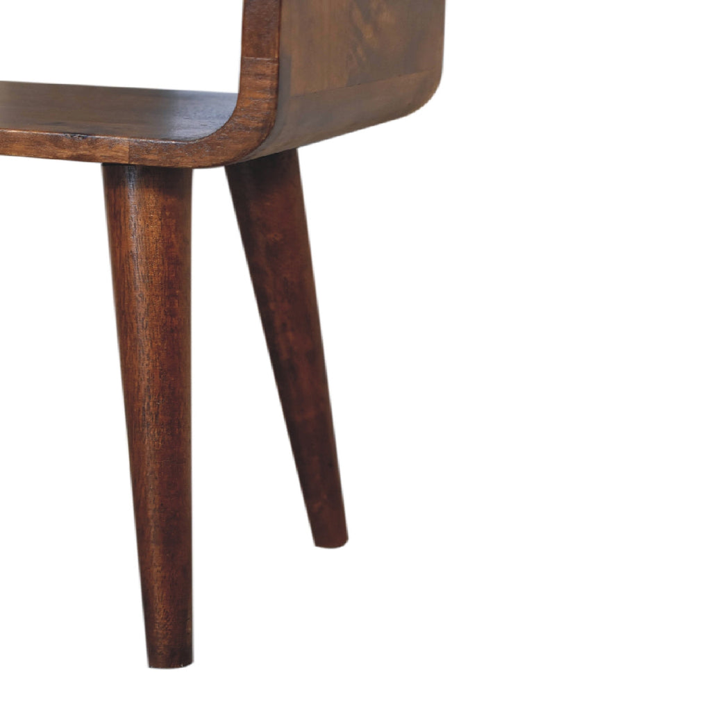 Mini Chestnut Open Nightstand made from solid mango wood with four tapered legs and one open storage compartment. leg view