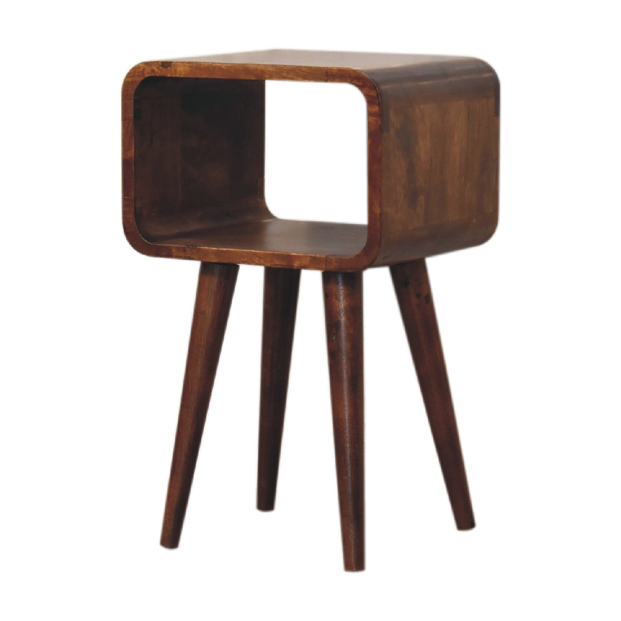 Mini Chestnut Open Nightstand made from solid mango wood with four tapered legs and one open storage compartment. Left corner view