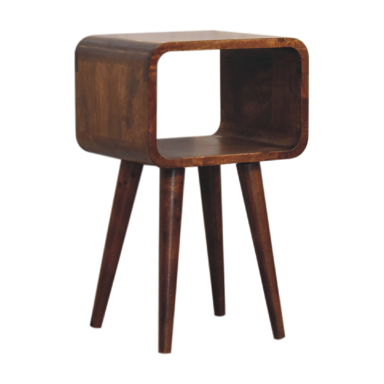 Mini Chestnut Open Nightstand made from solid mango wood with four tapered legs and one open storage compartment. Right corner  view