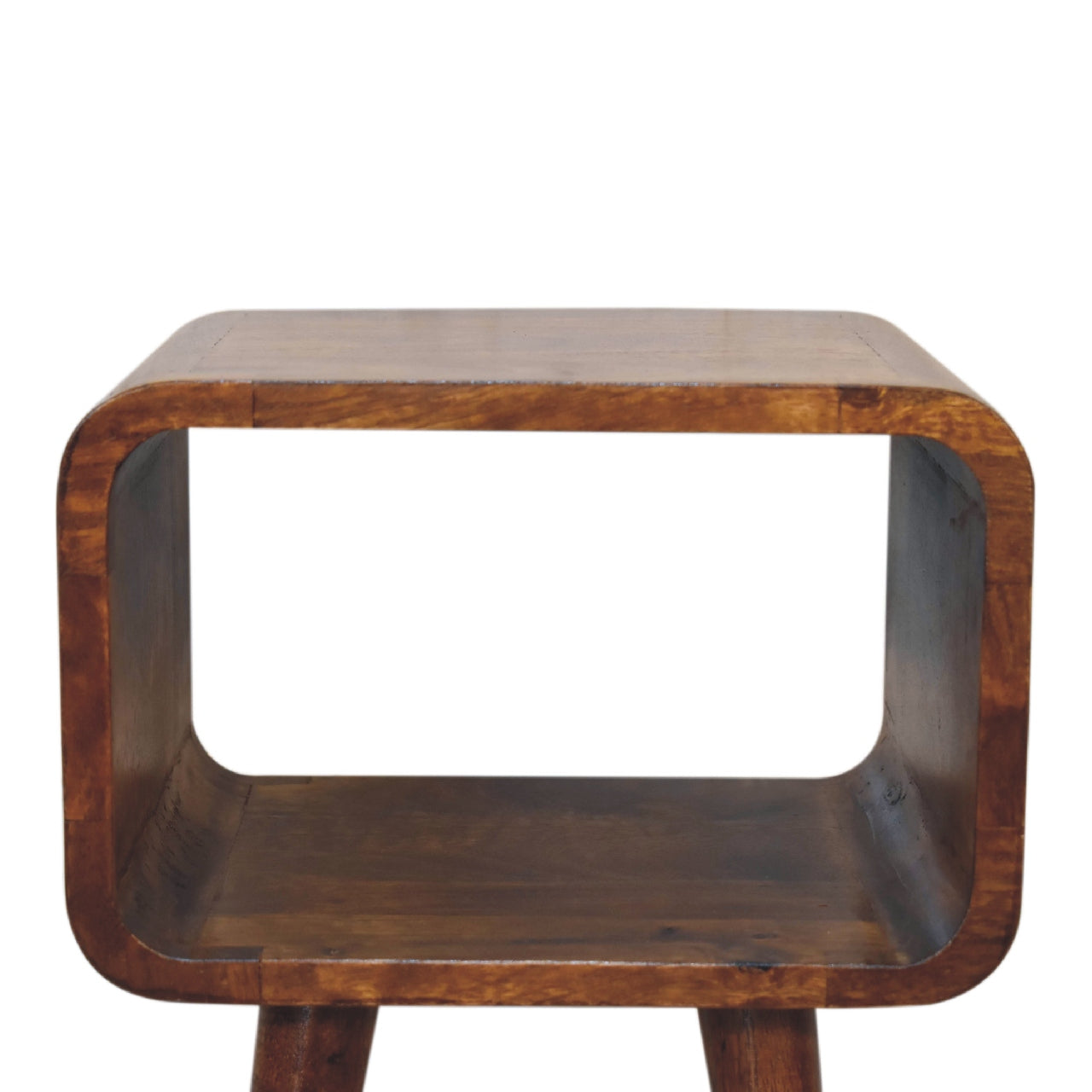 Mini Chestnut Open Nightstand made from solid mango wood with four tapered legs and one open storage compartment. open shelve view