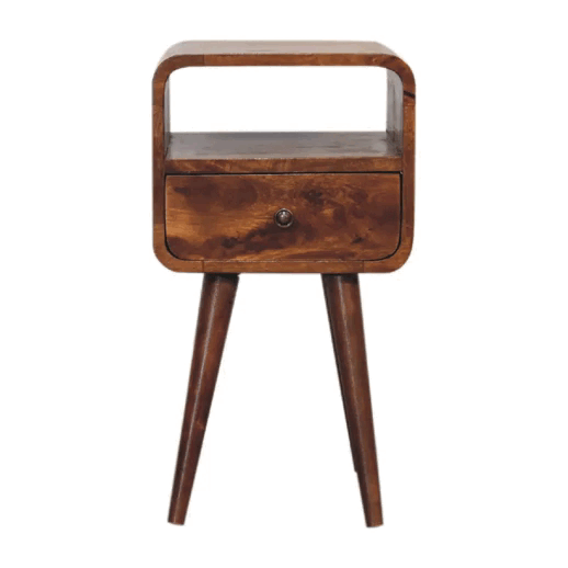 Mini Chestnut Curve Open Nightstand with 1 drawer, 1 open slot, and Nordic style legs. 360 degree GIF