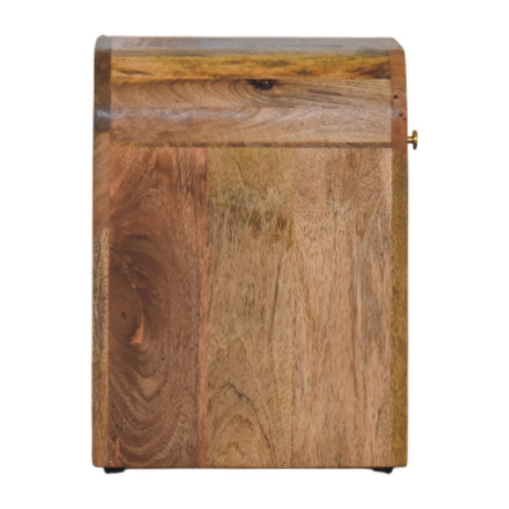 Mini Darcy Oak-ish Nightstand with a single drawer, brass knob, and curved edges. Side view