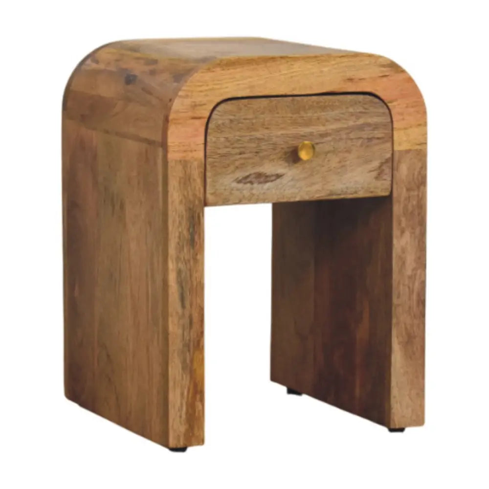 Mini Darcy Oak-ish Nightstand with a single drawer, brass knob, and curved edges. Right corner view