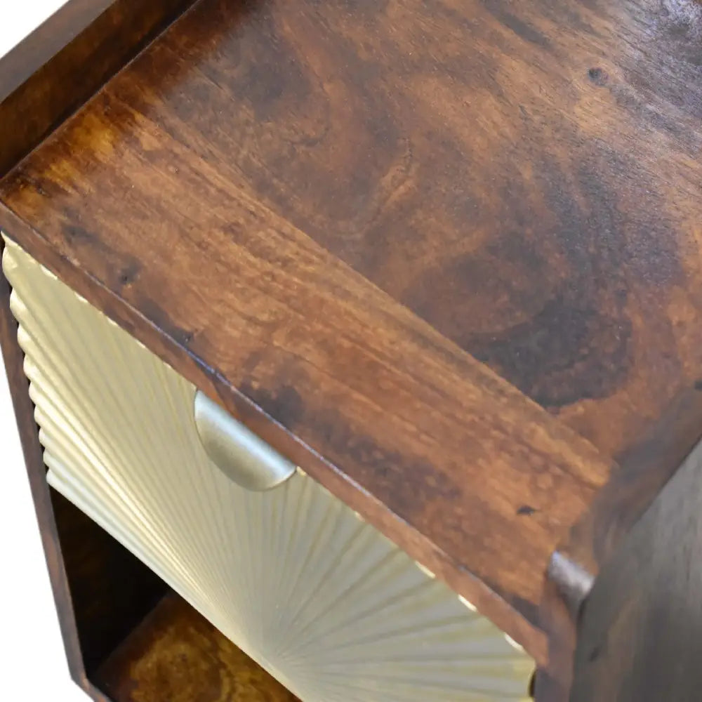 Mini Manila Gold Chestnut Nightstand with brass plated drawer, open storage slot, and Nordic style legs. Top view