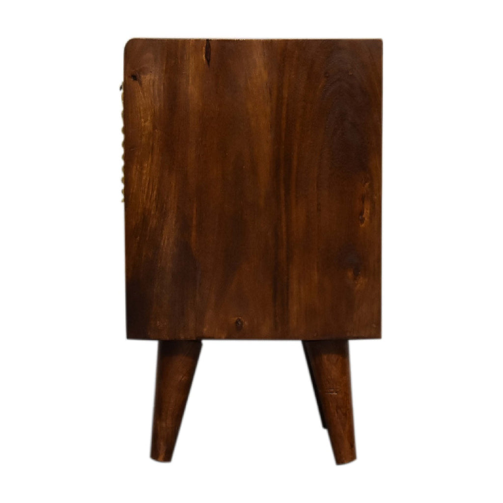 Mini Manila Gold Chestnut Nightstand with brass plated drawer, open storage slot, and Nordic style legs. Side view