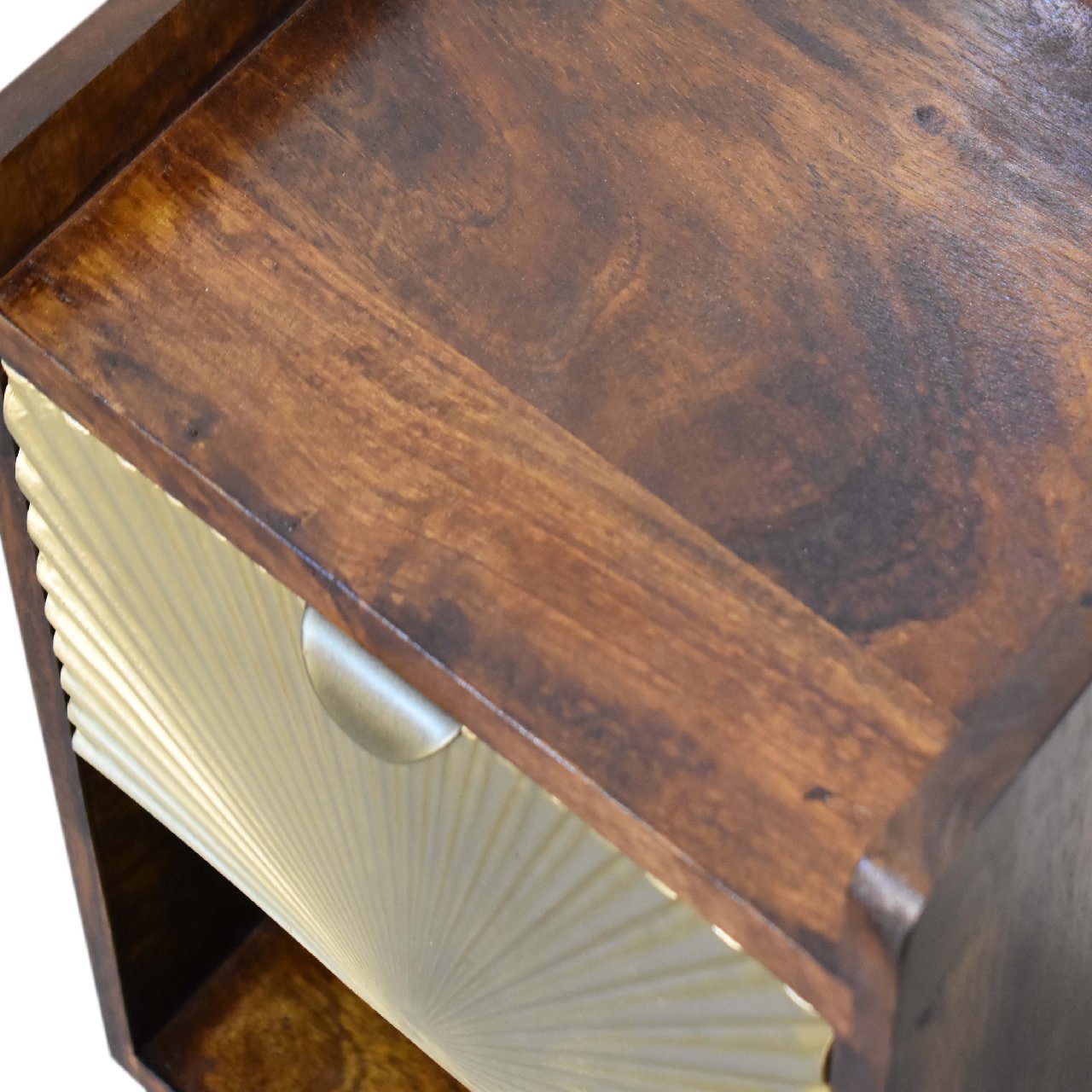 Mini Manila Gold Chestnut Nightstand with brass plated drawer, open storage slot, and Nordic style legs. Top view