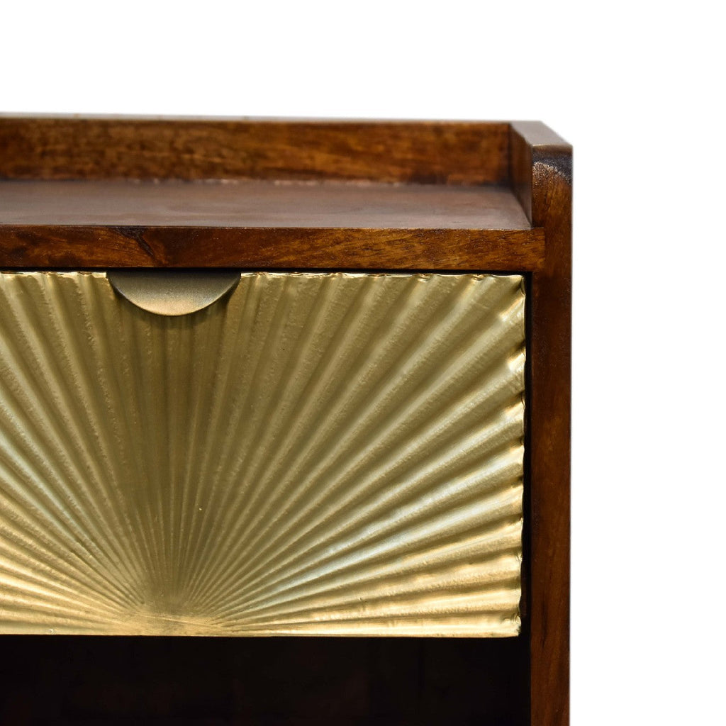 Mini Manila Gold Chestnut Nightstand with brass plated drawer, open storage slot, and Nordic-style legs. half view of the edges