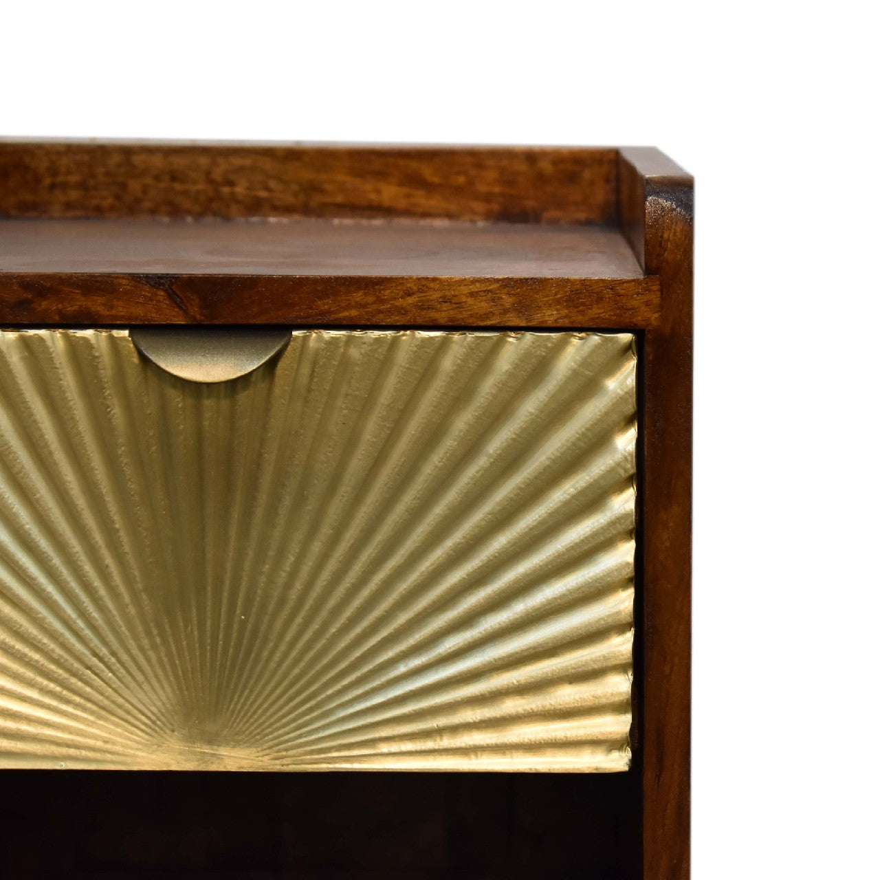 Mini Manila Gold Chestnut Nightstand with brass plated drawer, open storage slot, and Nordic-style legs. half view of the edges