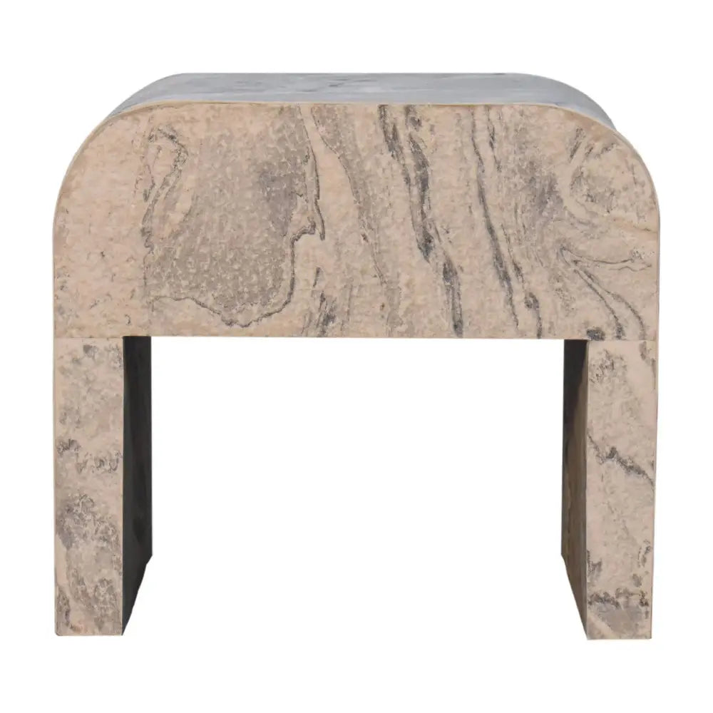 Nouveau nightstand with marble effect veneer, solid mango wood frame, and brass round knob. Back view