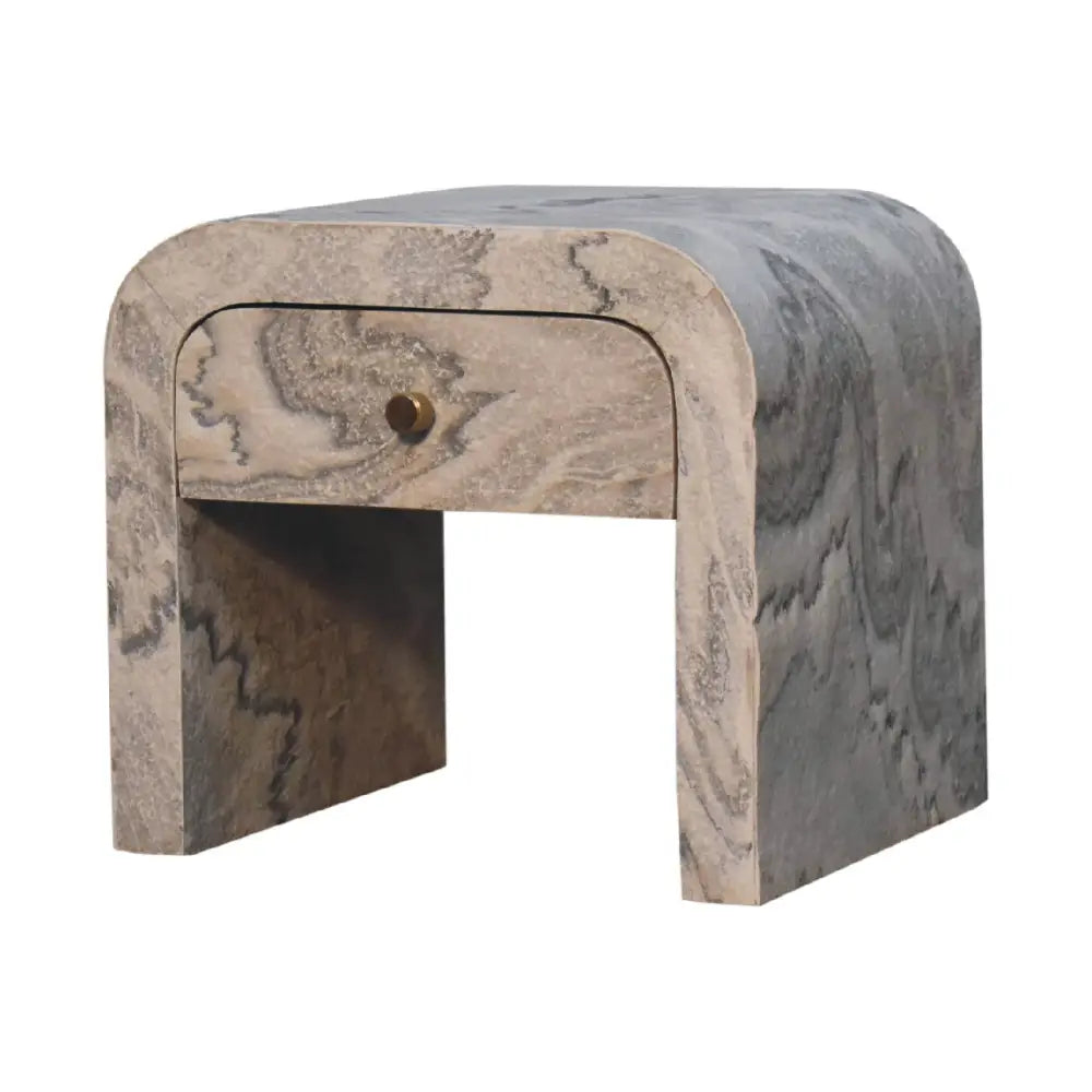 Nouveau nightstand with marble effect veneer, solid mango wood frame, and brass round knob.