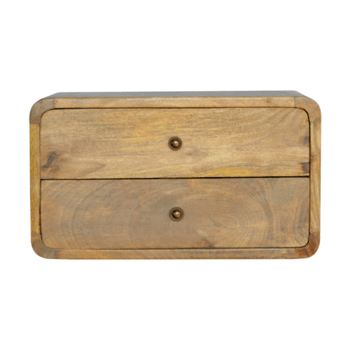 Oak-ish 2 Drawer Floating Nightstand with 2 drawers, shiny knobs, wall-mounted design, and solid mango wood. GIF