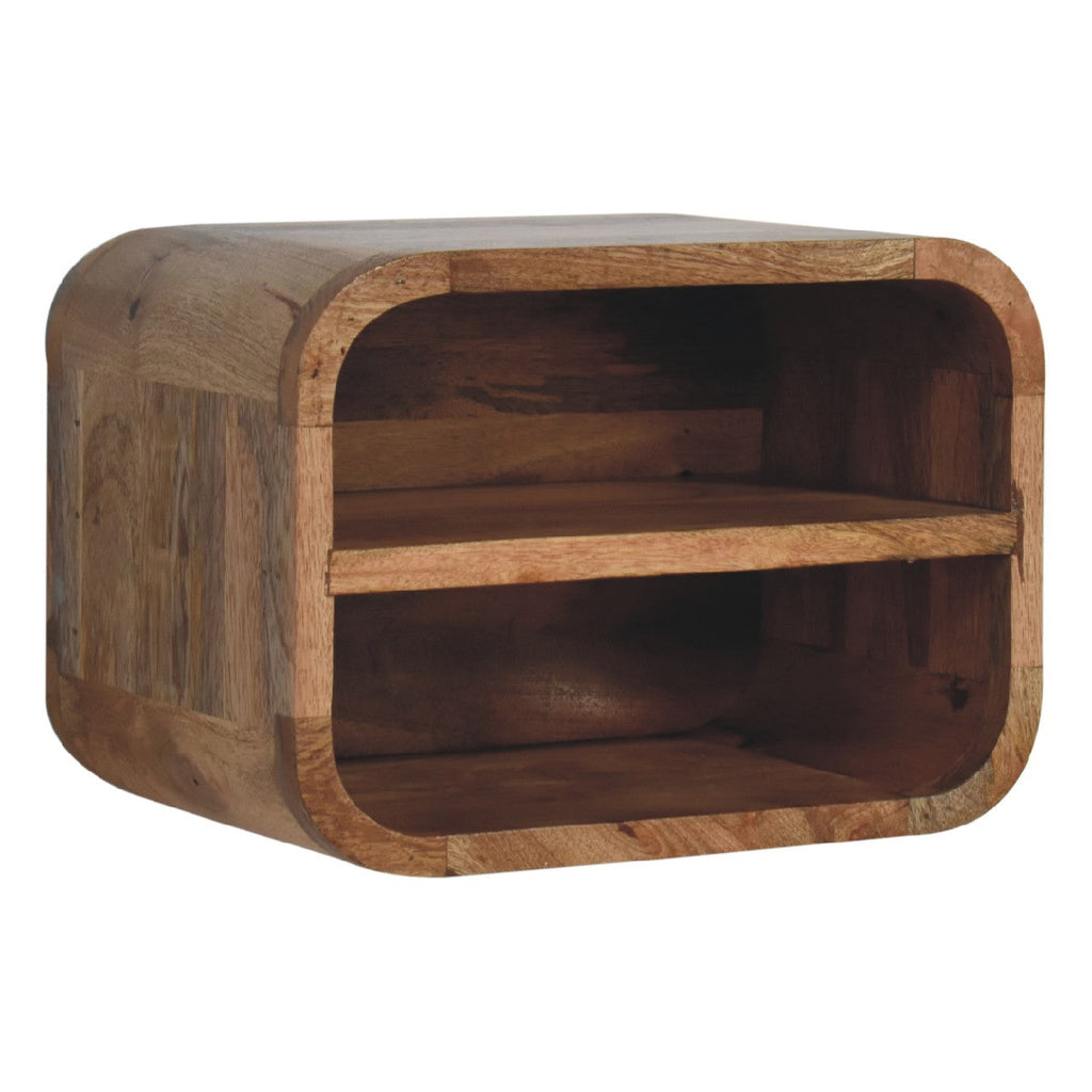 Oak-ish floating open curve nightstand with 2 open shelves. Wall mounted  and solid mango wood.