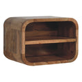 Oak-ish floating open curve nightstand with 2 open shelves. Wall mounted  and solid mango wood.