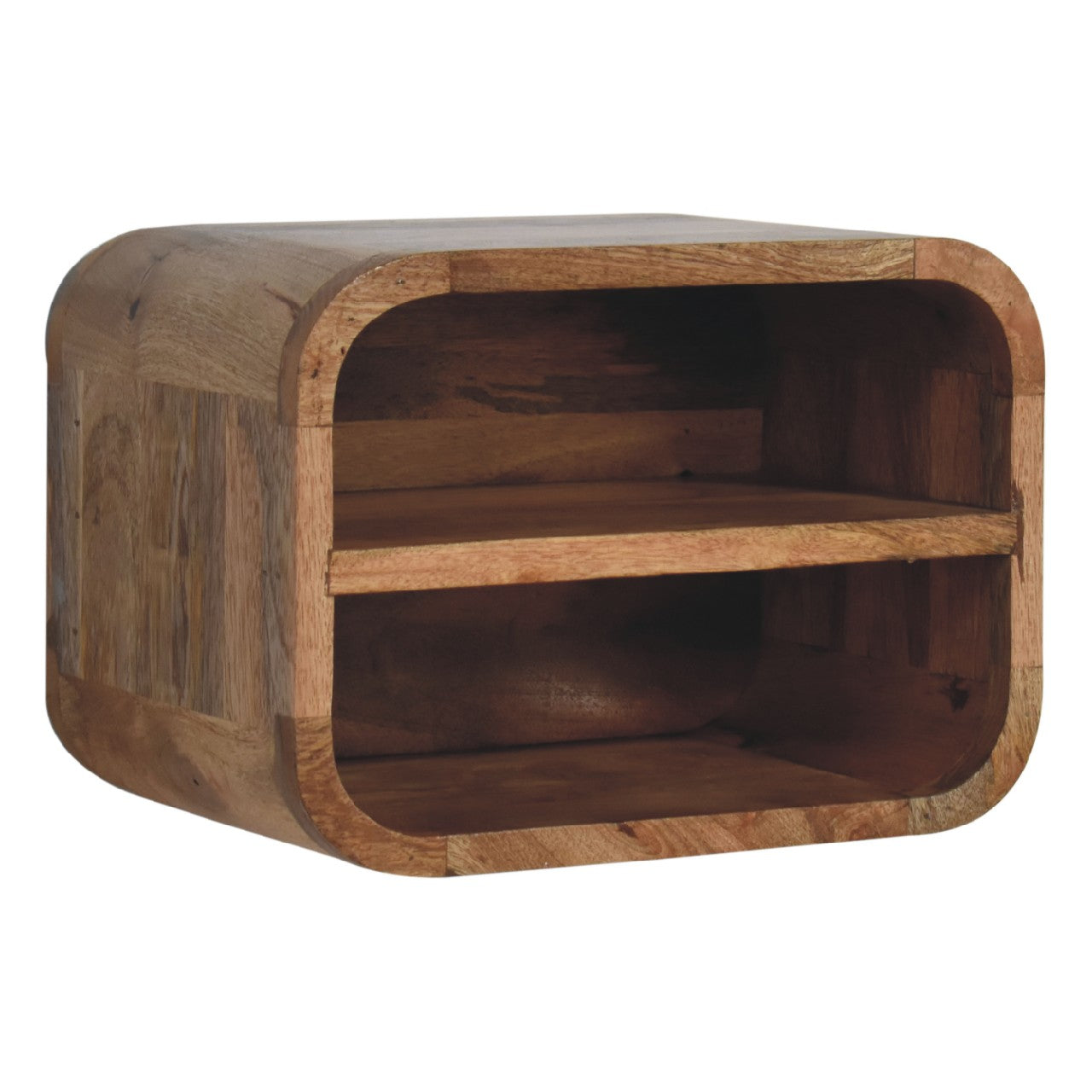 Oak-ish floating open curve nightstand with 2 open shelves. Wall mounted  and solid mango wood.