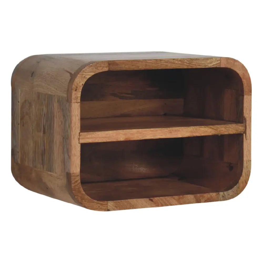 Oak-ish floating open curve nightstand with 2 open shelves. Wall mounted  and solid mango wood.