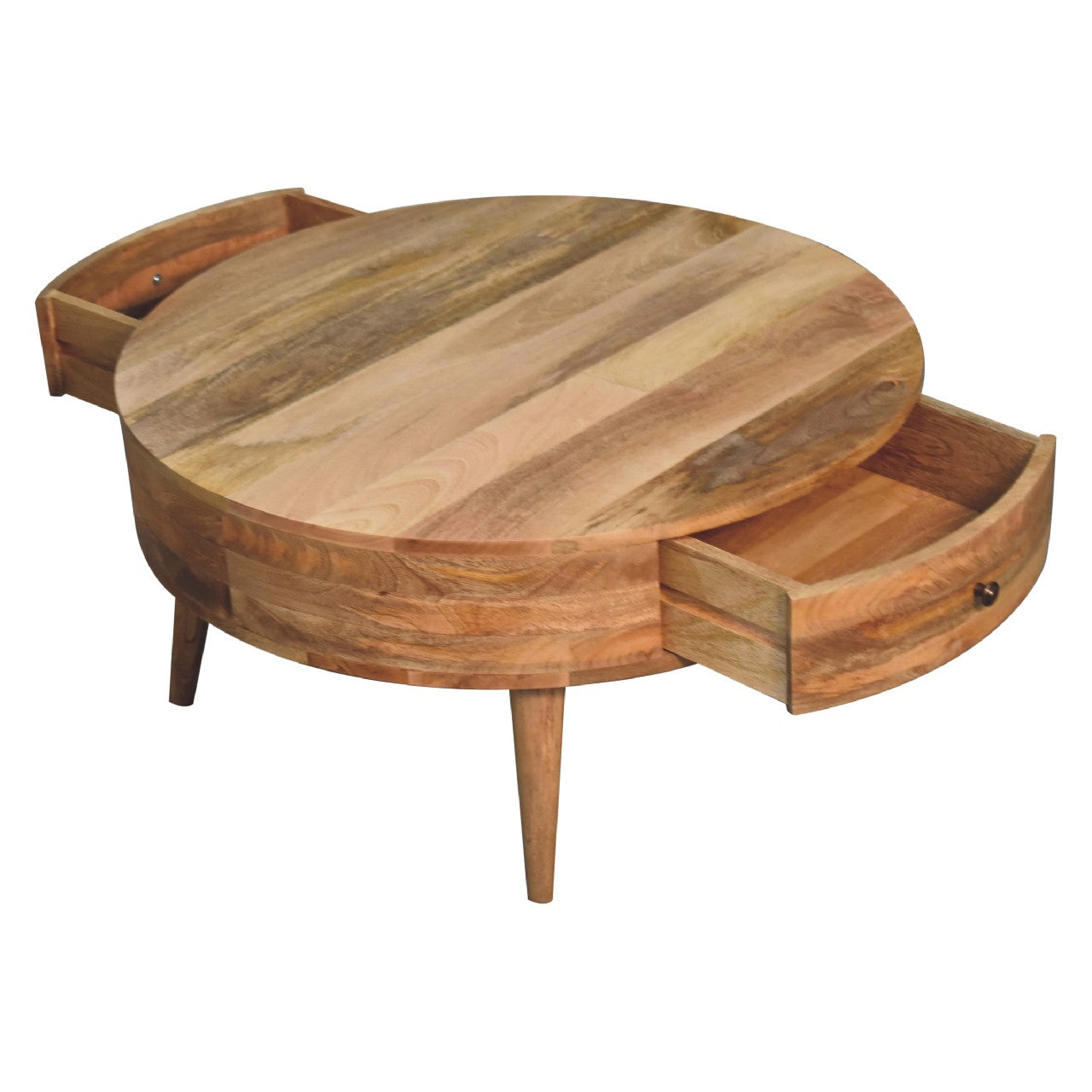 Odyssey Oak-ish Coffee Table made from solid mango wood with circular design and drawer with brass knob. View of two drawers opened at both sides