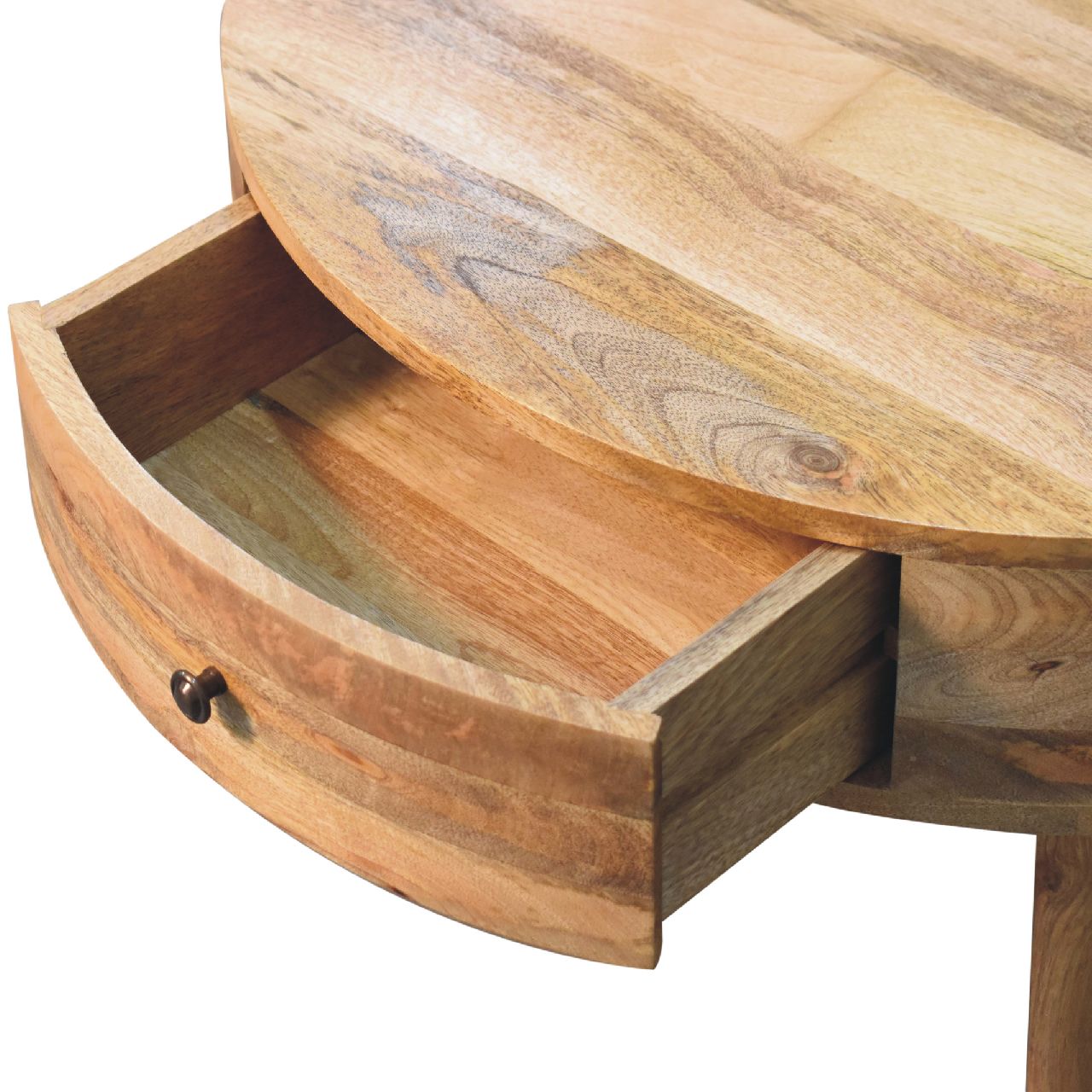 Odyssey Oak-ish Coffee Table made from solid mango wood with circular design and drawer with brass knob. Opened drawer view