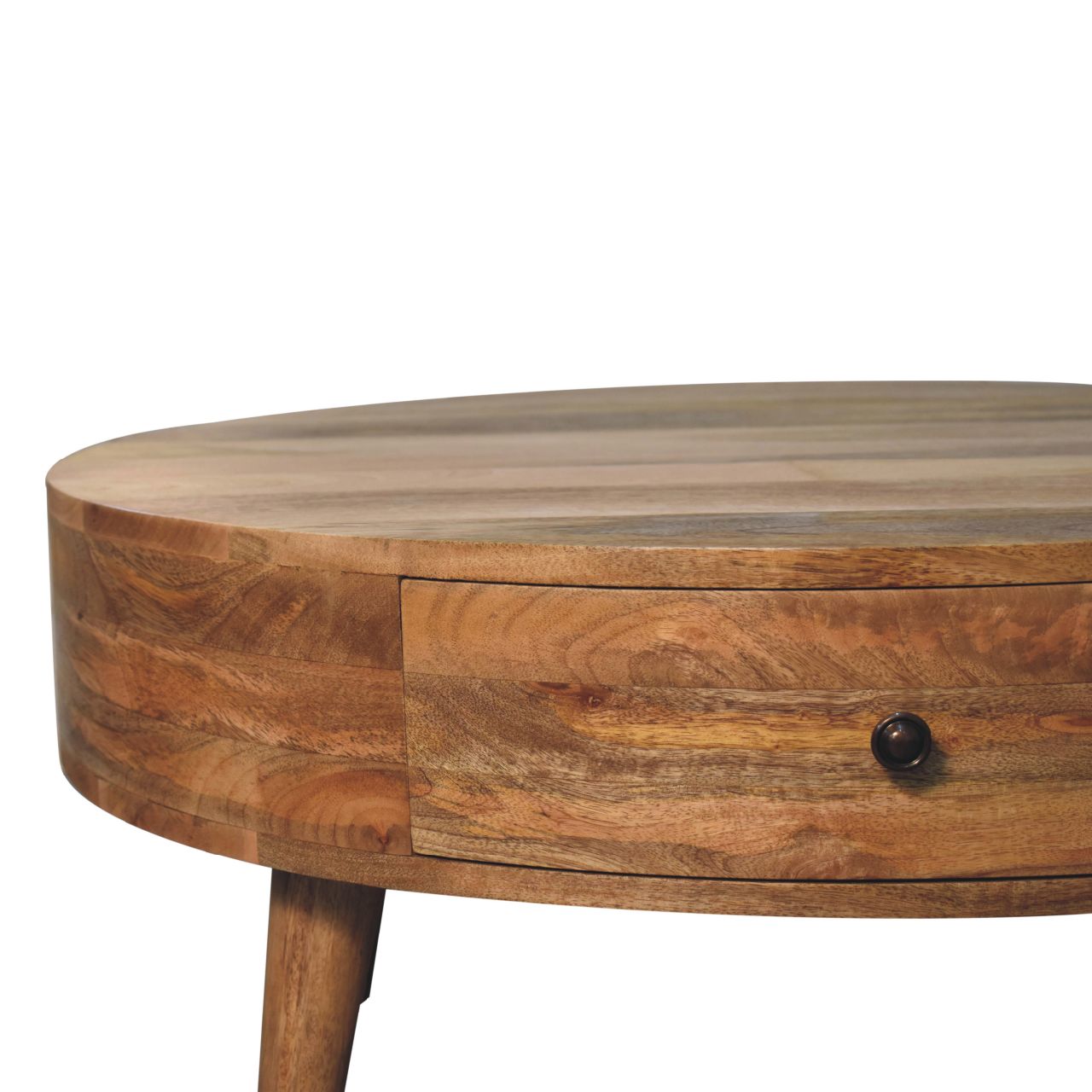 Odyssey Oak-ish Coffee Table made from solid mango wood with circular design and drawer with brass knob.  Half view of table