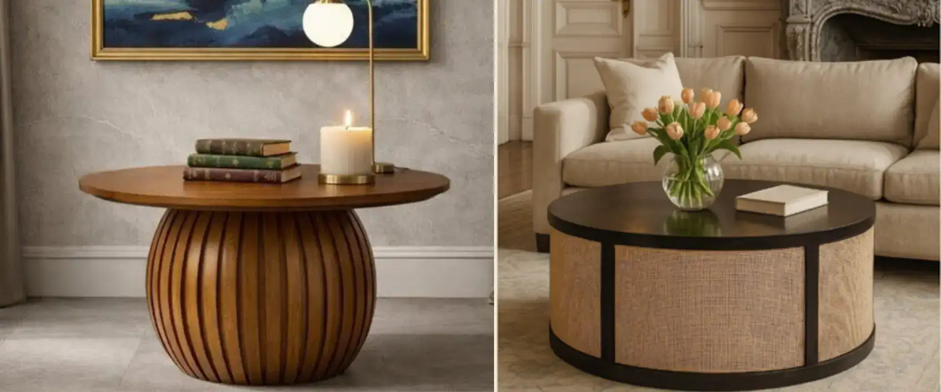 Two different coffee tables with decorative items in a living room setting.