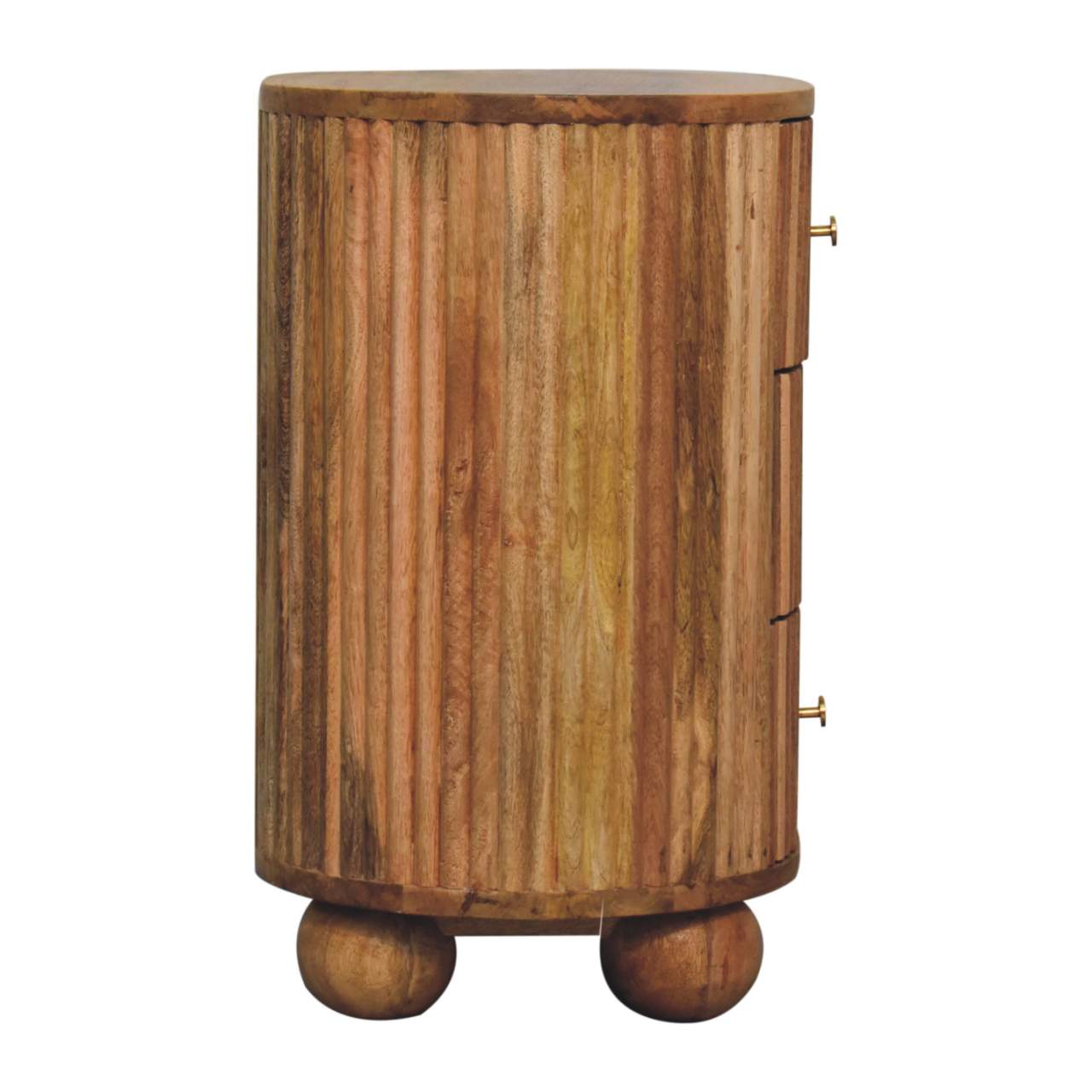 Soba Ball 3-Drawer Bedside Table made from solid mango wood with oak-ish finish and four ball feet. Side view