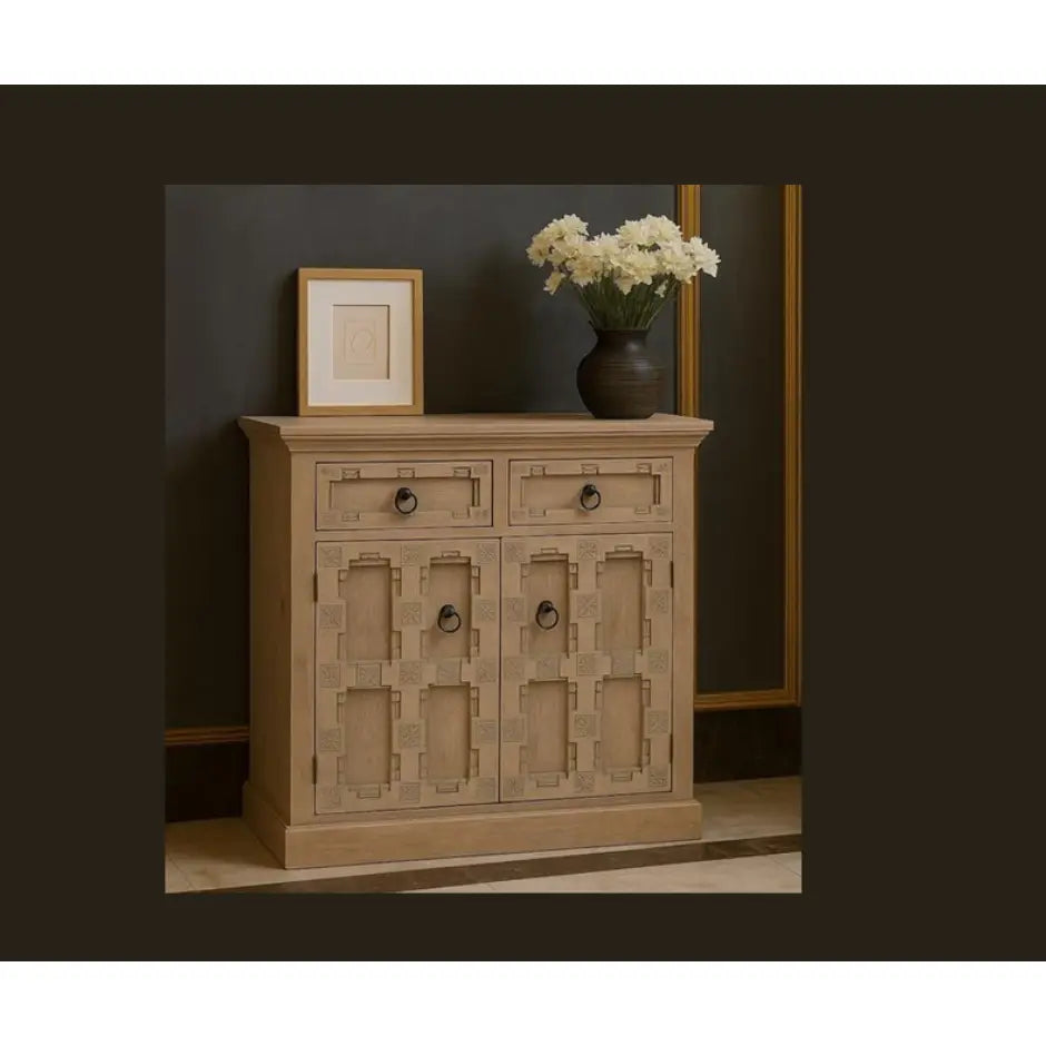 Stone Acid Wash Glazed Sideboard made from solid mango wood with four drawers and four glazed doors. Flower vase and a frame   on top of the board